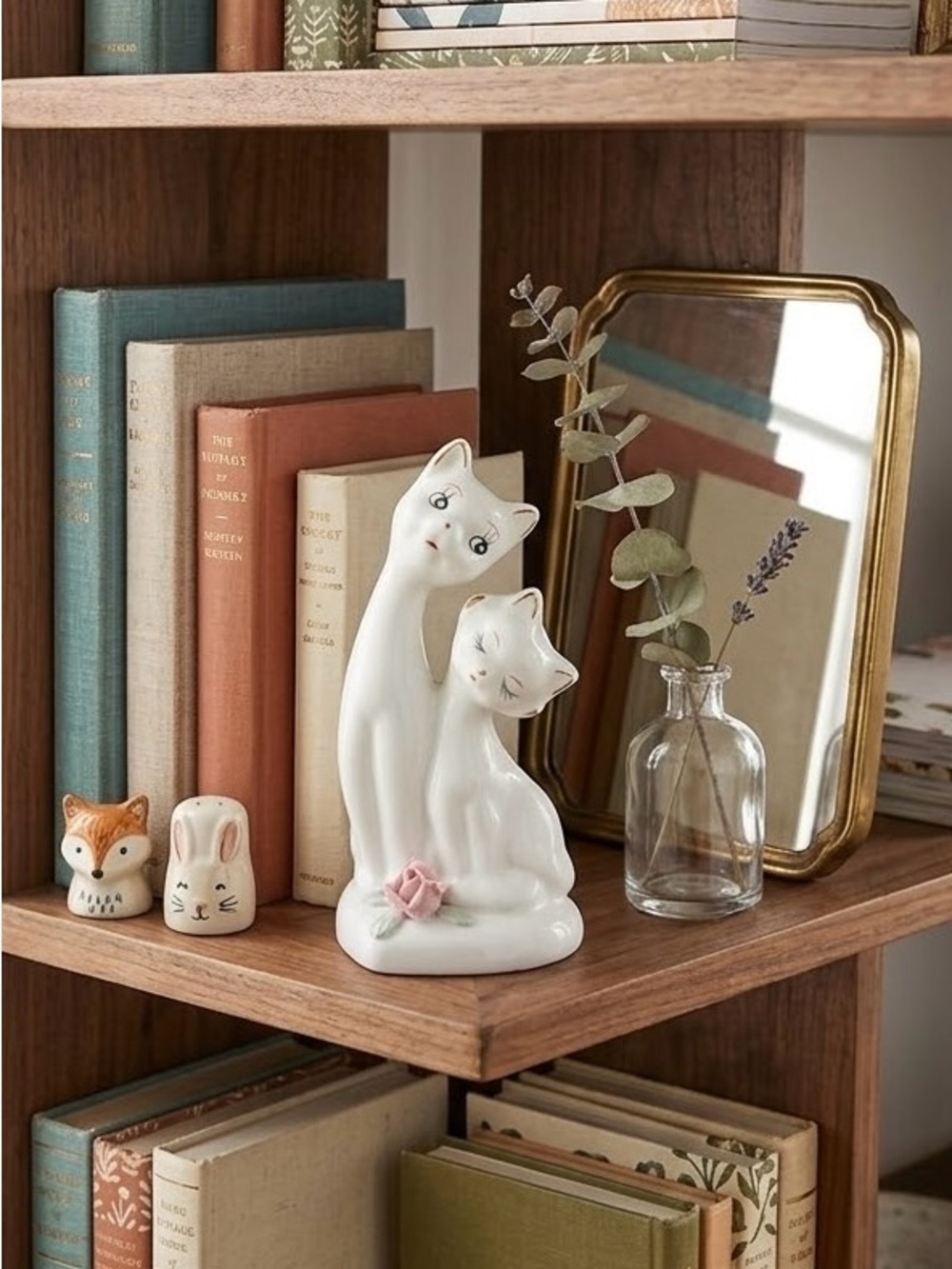 Vintage White Ceramic Cat Figurine Duo with Pink Rose Accent